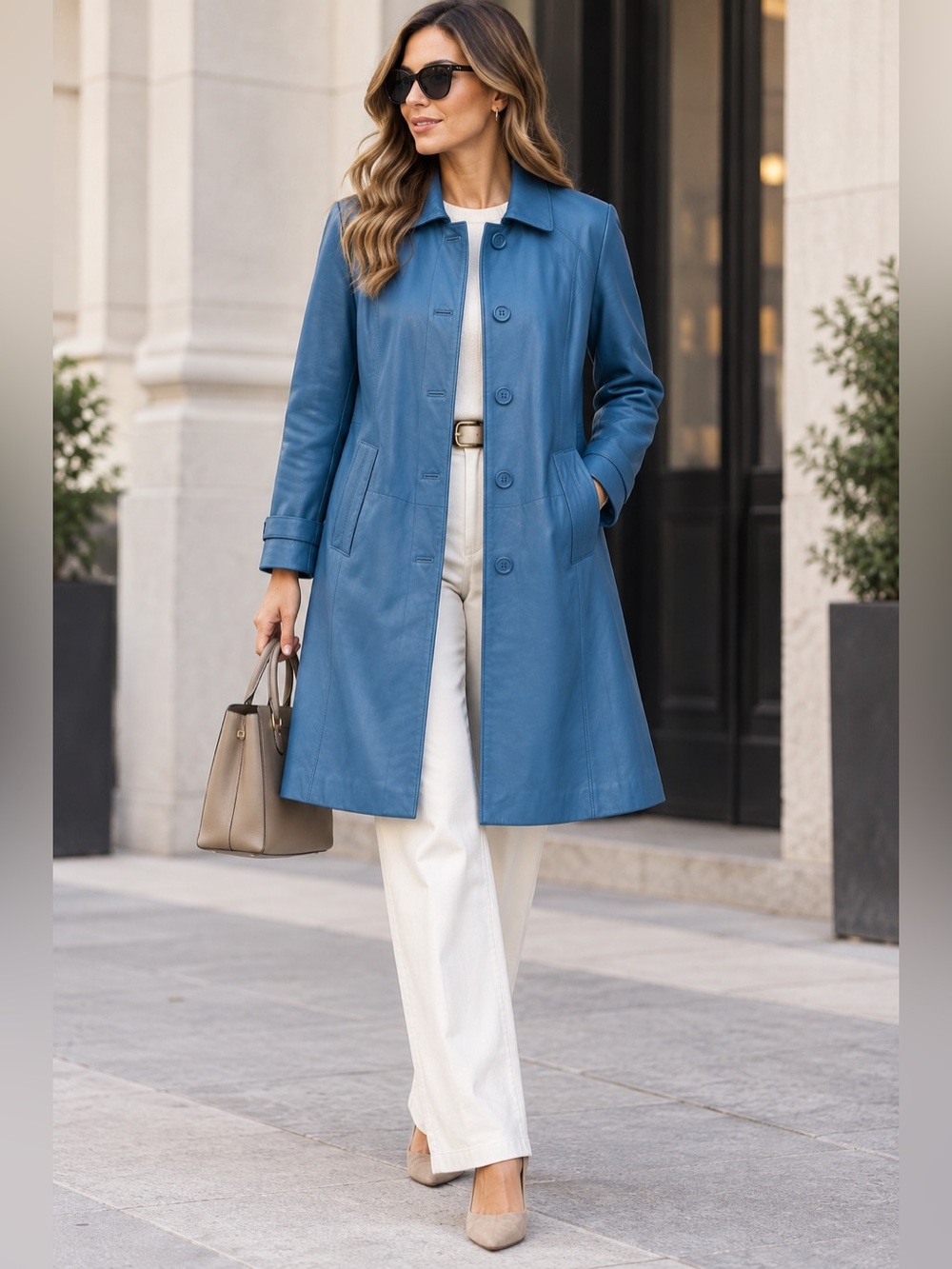Excelled Collection Blue Genuine Leather Single-Breasted Coat